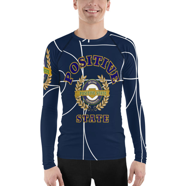 Positive State Men's Full  Letter Signature Logo Front,  2 side Logo, designer Rash Guard Shirt - positivestateapparel