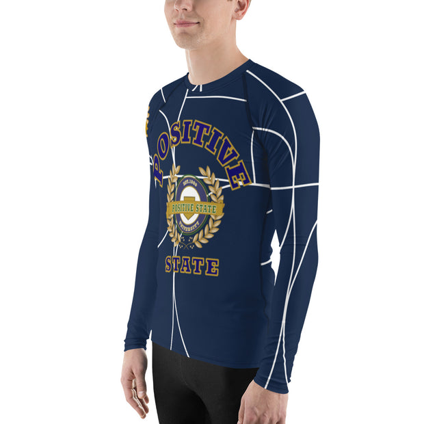 Positive State Men's Full  Letter Signature Logo Front,  2 side Logo, designer Rash Guard Shirt - positivestateapparel