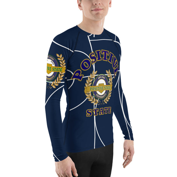 Positive State Men's Full  Letter Signature Logo Front,  2 side Logo, designer Rash Guard Shirt - positivestateapparel