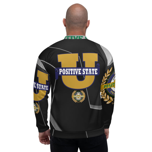 Positive State " Green Letter Signature Logo Front, 3 side logo, Unisex Bomber Jacket - positivestateapparel