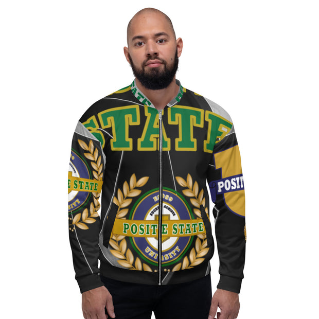 Positive State " Green Letter Signature Logo Front, 3 side logo, Unisex Bomber Jacket - positivestateapparel