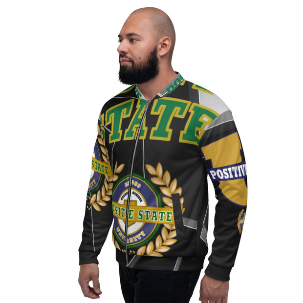 Positive State " Green Letter Signature Logo Front, 3 side logo, Unisex Bomber Jacket - positivestateapparel