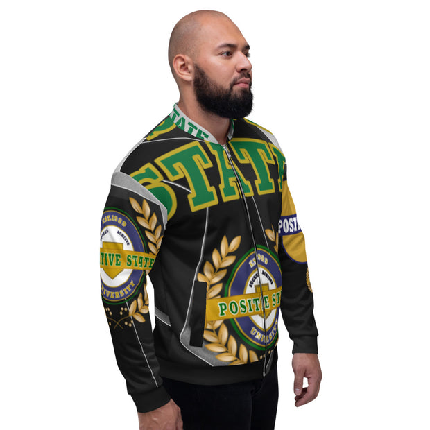 Positive State " Green Letter Signature Logo Front, 3 side logo, Unisex Bomber Jacket - positivestateapparel